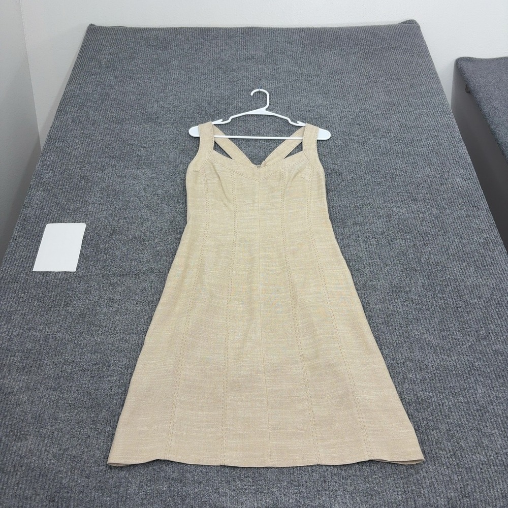 Agnona Dress Womens 44 Tan Linen Criss Cross Back V-Neck Sleeveless Luxe Summer